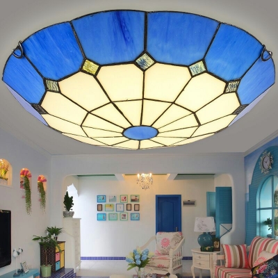 Mediterranean Art Glass Flushmount Ceiling Light in Blue for Restaurant and Bedroom