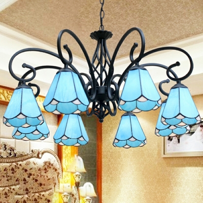 Mediterranean Style Wrought Iron Chandelier with Art Glass Shade for Living Room and Dining Room