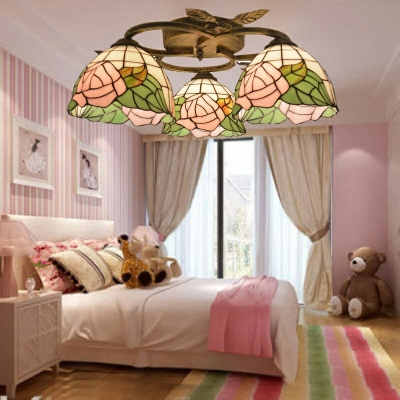 3 Lights French Idyllic Glass Ceiling Light Fixture in Pink for Bedrooms and Restaurants