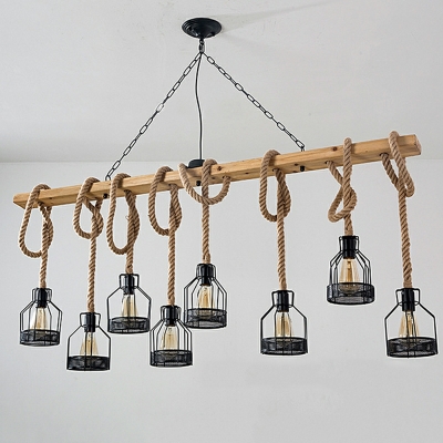 8 Lights Retro Long Wooden Rope Island Lights for Restaurant and Bar
