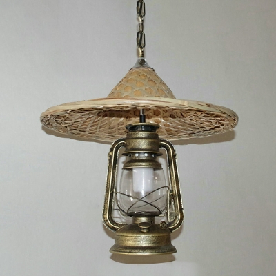Retro Bamboo Straw Hat Pendant Lamp in Bronze for Restaurants and Homestays