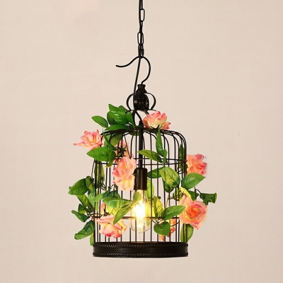 Retro Wrought Iron Birdcage Hanging Lamp with Plant Decoration for Restaurant and Bar