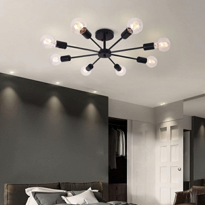 8 Lights Retro Wrought Iron Ceiling Light Fixture in Black for Bedroom and Living Room