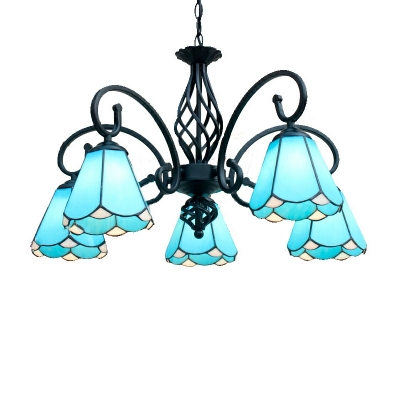 Mediterranean Style Wrought Iron Chandelier with Art Glass Shade for Living Room and Dining Room