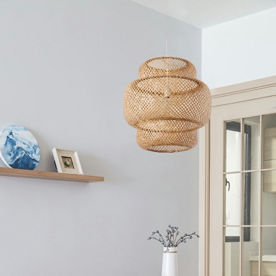 Weave Wood Hanging Pendant Lights Drum Contemporary for Living Room