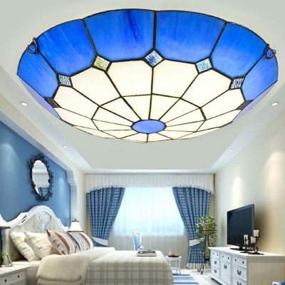 Mediterranean Art Glass Flushmount Ceiling Light in Blue for Restaurant and Bedroom