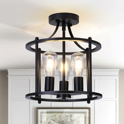 3 Lights Retro Wrought Iron Ceiling Light Fixture in Black for Balcony and Corridor