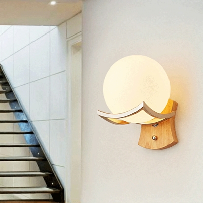 Japanese Style Minimalist Wood Art Wall Lamp with White Glass Shade for Hallway and Bedroom