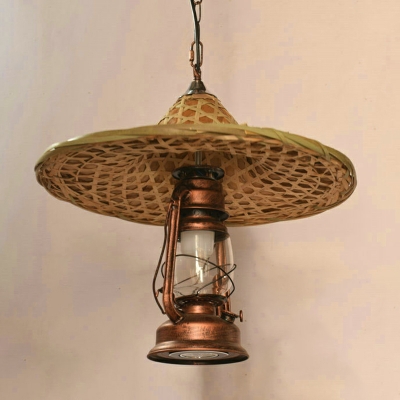 Retro Personalized Wrought Iron Straw Hat Pendant Lamp for Restaurant and Bar