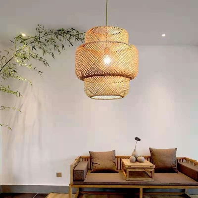 Weave Wood Hanging Pendant Lights Drum Contemporary for Living Room