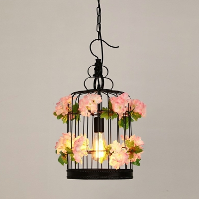 Retro Wrought Iron Birdcage Hanging Lamp with Plant Decoration for Restaurant and Bar