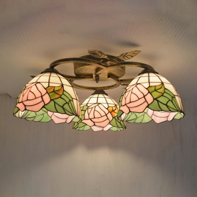 3 Lights French Idyllic Glass Ceiling Light Fixture in Pink for Bedrooms and Restaurants