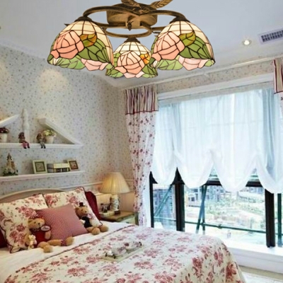 3 Lights French Idyllic Glass Ceiling Light Fixture in Pink for Bedrooms and Restaurants