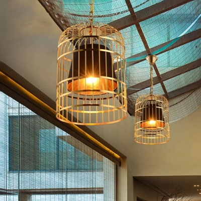Chinese Style Vintage Metal Bird Cage Hanging Lamp with Gold Finish for Restaurant and Bar