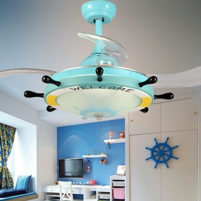 Creative Cartoon Rudder Ceiling Fan Lamp in Blue for Children's Bedroom