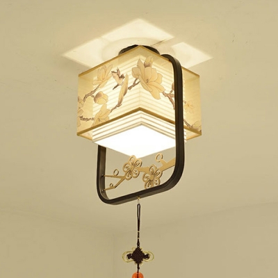 Chinese Style Retro Fabric Ceiling Lamp with Ceramic Ornaments for Bedroom and Hallway