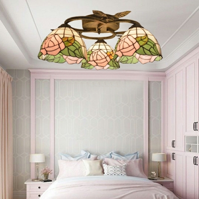 3 Lights French Idyllic Glass Ceiling Light Fixture in Pink for Bedrooms and Restaurants