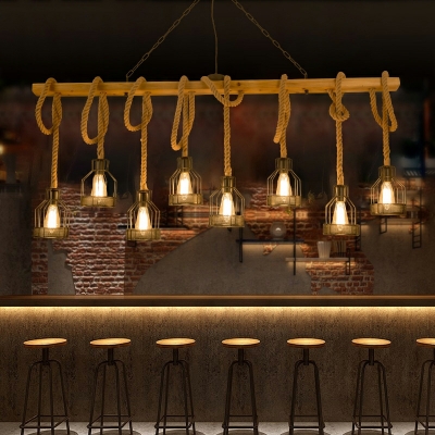 8 Lights Retro Long Wooden Rope Island Lights for Restaurant and Bar