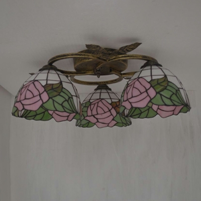 3 Lights French Idyllic Glass Ceiling Light Fixture in Pink for Bedrooms and Restaurants
