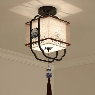 Chinese Style Retro Square Fabric Ceiling Lamp with Ceramic Ornaments for Bedroom and Hallway