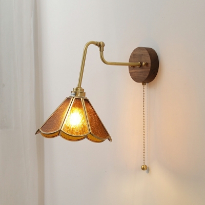 Simple Walnut Switch Wall Lamp with Art Glass Shade for Bedroom