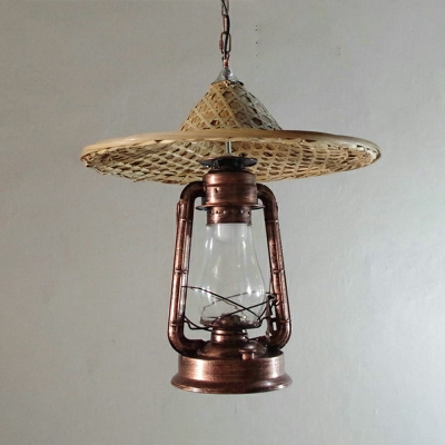 Retro Bamboo Straw Hat Pendant Lamp in Bronze for Restaurants and Homestays