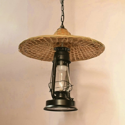 Retro Personalized Wrought Iron Straw Hat Pendant Lamp for Restaurant and Bar