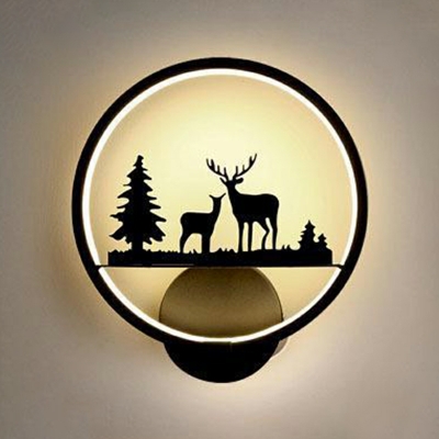 Modern Minimalist LED Kid's Lighting Elk Printed Round Black Wall Sconce for Bedroom