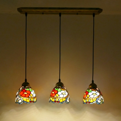 Country Style Multi-color 3 Lights Glass Retro Hanging Lantern for Living Room