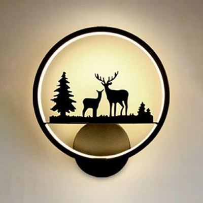 Modern Minimalist LED Kid's Lighting Elk Printed Round Black Wall Sconce for Bedroom