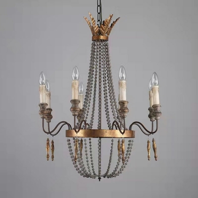 French Vintage Distressed Wood Chandelier with Wooden Beads Decoration for Dining Room