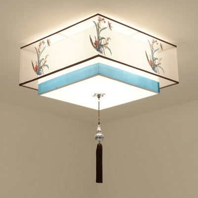 Chinese Traditional Embroidery Fabric Flushmount Ceiling Light for Bedroom and Study