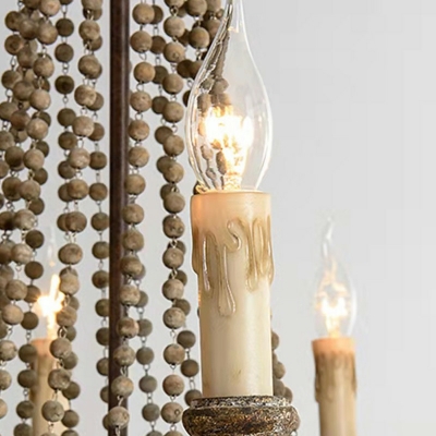 French Vintage Distressed Wood Chandelier with Wooden Beads Decoration for Dining Room
