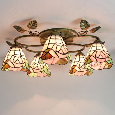 American Rural Style Stained Glass Ceiling Lamp 5 Lights for Living Room and Dining Room
