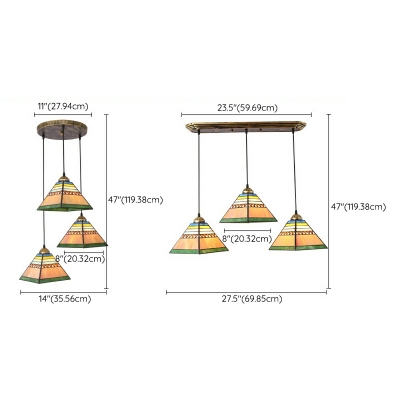 Three Lights Pyramid Stained Retro Tiffany Lights Glass for Bedroom Hanging Lamp