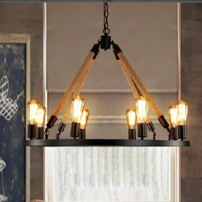 Industrial Style Retro Round Hemp Rope Chandelier 8 Lights for Bar and Restaurant