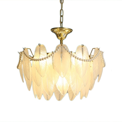 French Vintage Feather Glass Chandelier with Pearl Decoration for Living Room and Bedroom