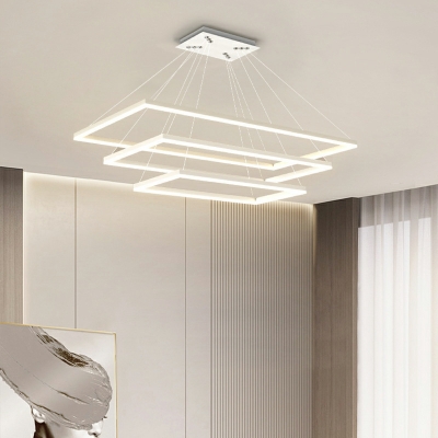 LED Simple Multi-layer Rectangular Chandelier in White for Living Room and Duplex