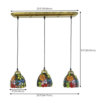 Country Style Multi-color 3 Lights Glass Retro Hanging Lantern for Living Room