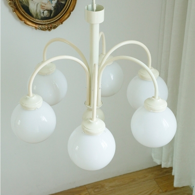 French Vintage Glass Shade Chandelier in off White for Living Room and Dining Room