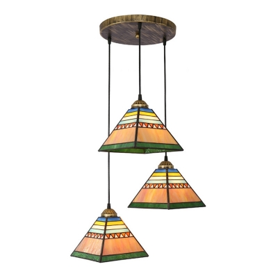 Three Lights Pyramid Stained Retro Tiffany Lights Glass for Bedroom Hanging Lamp