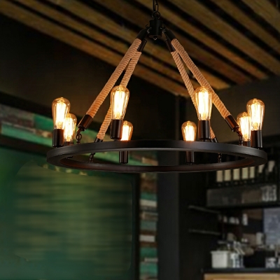 Industrial Style Retro Round Hemp Rope Chandelier 8 Lights for Bar and Restaurant
