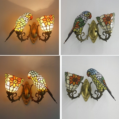 Multicolor Bird Shape Glass Baroque Vanity Wall Light Fixtures in Brass