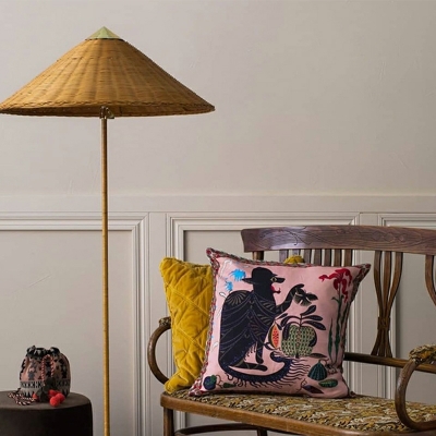 Contemporary Handwoven Rattan Retro Umbrella Pattern Floor Lamp for Bedroom