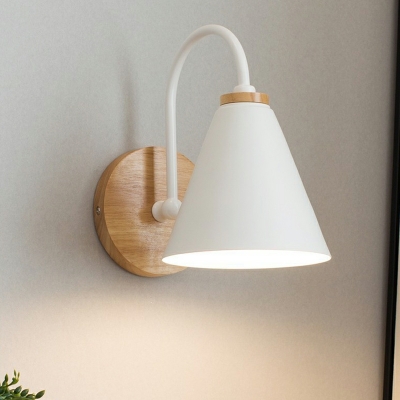 Armed Metal Cone Modern Wall Light Fixture with Wood Back Plate