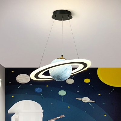 2 Lights Planet Glass Shade Chandelier Pendant Light in Black for Children Room