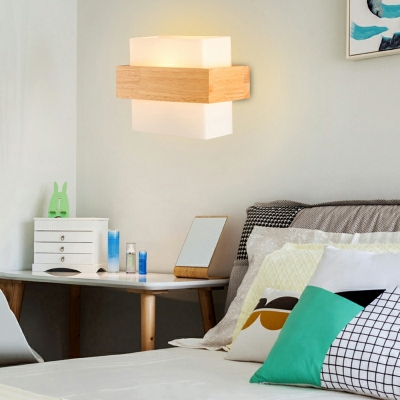 Modern Cube Wood and Glass Shade Wall Sconce Lighting in White for Bedroom