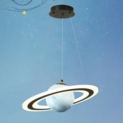 2 Lights Planet Glass Shade Chandelier Pendant Light in Black for Children Room
