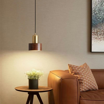 Cylindrical Modern Suspension Pendant Light Wooden 1-Light for Living Room