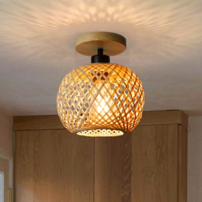 Modern Flush Mount Ceiling Light Fixture Bamboo Half-Circle Shade for Living Room